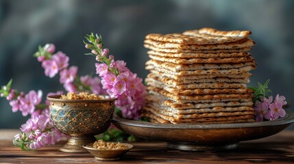 Fototapeta na wymiar a stack of crackers sitting on top of a wooden table next to a bowl of granola and purple flowers.