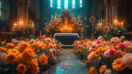  a church filled with lots of flowers next to a stone floor and a blue altar surrounded by candles and flowers.