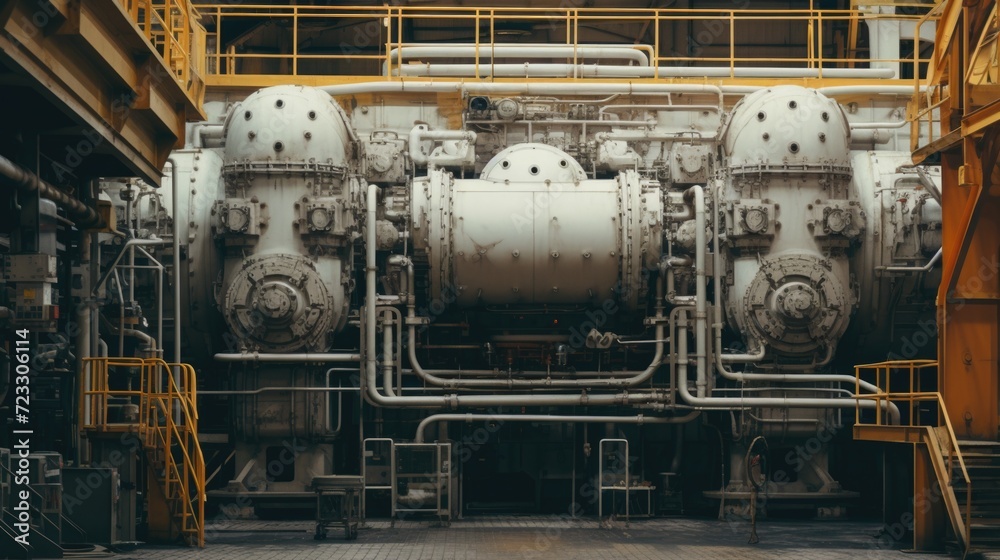 Poster a picture of a large industrial machine inside a building. suitable for illustrating manufacturing p