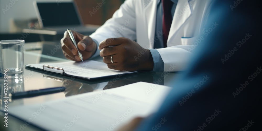 Poster A man wearing a lab coat is seen writing on a piece of paper. This image can be used to depict scientific research, experiments, or education