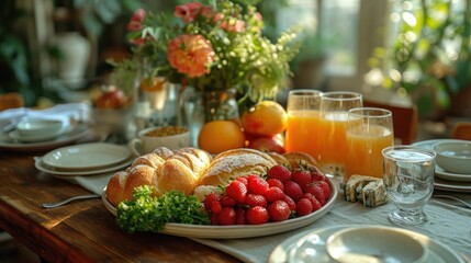  a plate of strawberries, oranges, and bread on a table with a vase of flowers and a glass of orange juice on the side of the table.