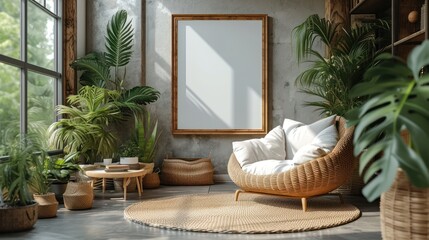  a living room with a wicker chair, potted plants, and a large picture frame on the wall.