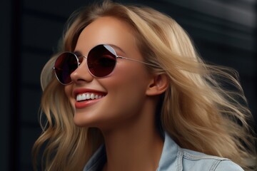 Naklejka premium A woman wearing sunglasses and a denim shirt. Perfect for fashion and lifestyle blogs or websites