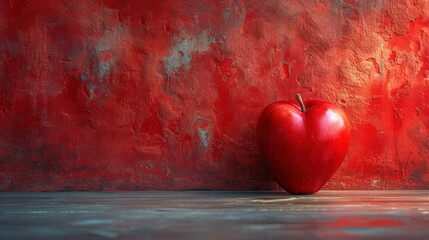  a red apple sitting on top of a wooden floor next to a red wall and a red wall behind it.