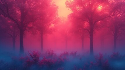  a forest filled with lots of trees covered in red and blue foggy mist and light from the sun shining through the trees.