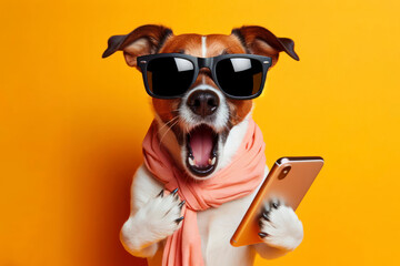 Shocked dog in sunglasses holding smartphone on solid bright color background. ai generative