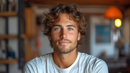  a man with curly hair and a white t - shirt looks at the camera with a serious look on his face.