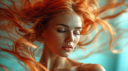  a beautiful young woman with red hair blowing in the wind with her eyes closed and her hair blowing in the wind.