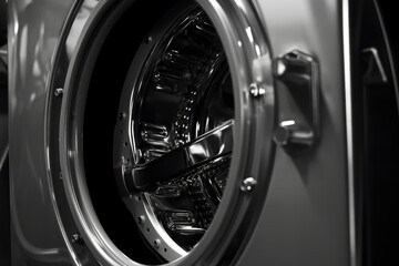 A black and white photo of a washing machine. Suitable for illustrating household appliances or laundry-related topics