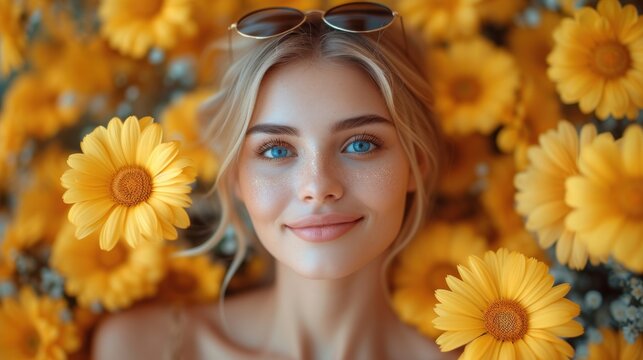  a beautiful blonde woman with blue eyes standing in a field of yellow flowers with sunflowers in front of her.