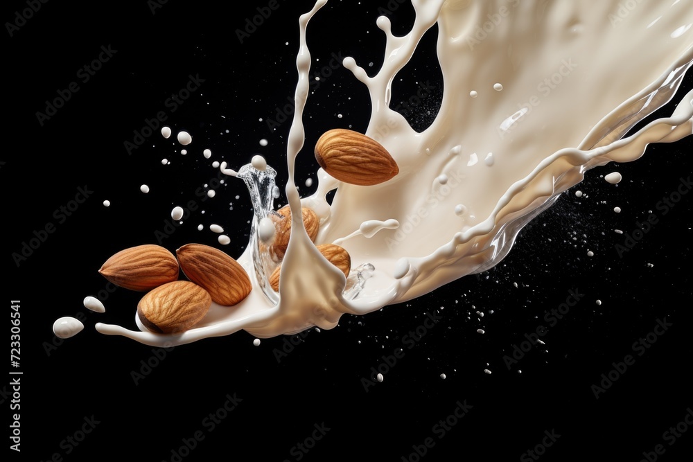 Aufkleber A captivating image capturing a splash of milk with almonds falling into it. Perfect for food and beverage-related projects