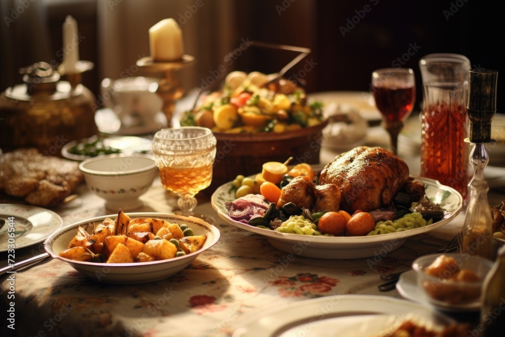Poster a table filled with plates of food and glasses of wine. suitable for various dining and celebration 