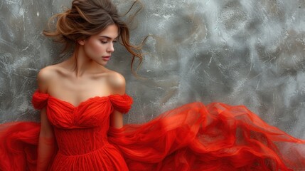  a woman in a red dress is standing in front of a gray wall with a flowing red dress on it.