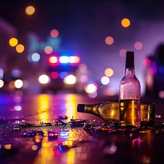 Fototapeten Crashed car scene with alcohol bottle in view, emphasizing dangers of drunk driving © Creatizen