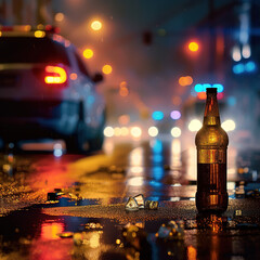 Crashed car scene with alcohol bottle in view, emphasizing dangers of drunk driving