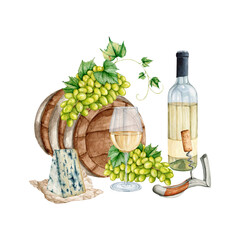 Watercolor white wine gourmet set Illustration