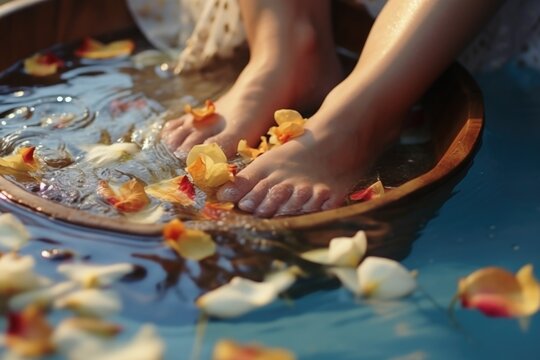 A picture of a woman's feet submerged in a bowl of water. This image can be used to depict relaxation, self-care, spa treatments, foot care, or pedicures