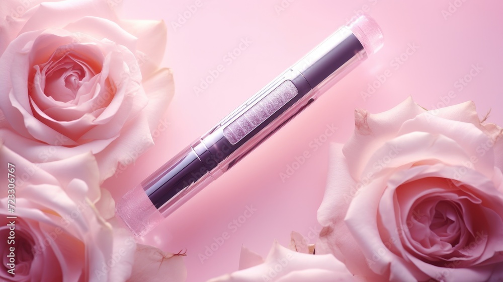 Poster close up view of a lipstick placed on a smooth pink surface. perfect for beauty and makeup-related p