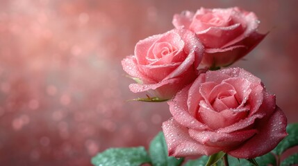  a couple of pink roses sitting on top of a green leafy plant with water droplets on it's petals.
