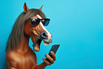 Shocked horse in sunglasses holding smartphone on solid bright blue background. ai generative