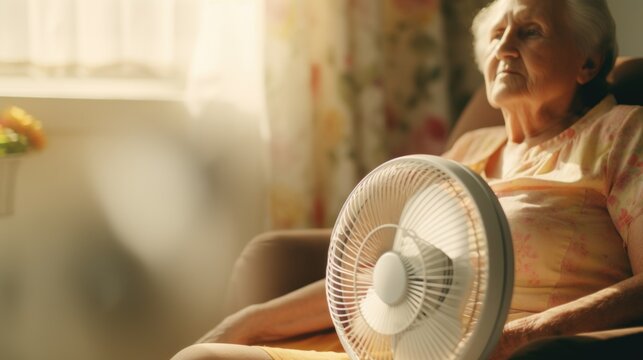 An older woman sitting in a chair, holding a fan. Can be used to depict relaxation or staying cool during hot weather