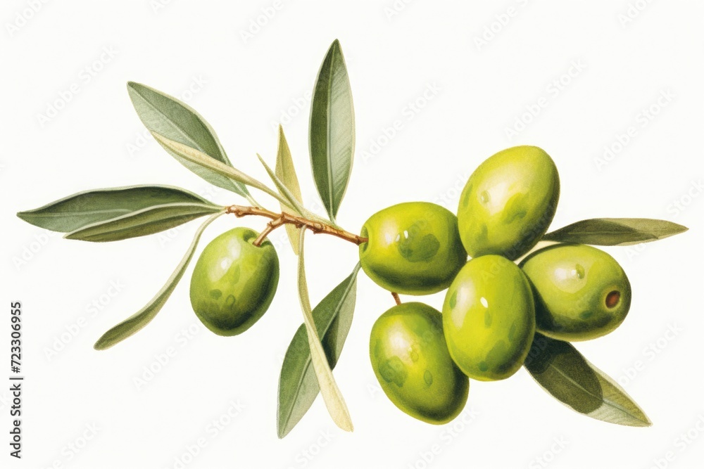 Poster a bunch of olives on a branch with leaves. can be used for food and cooking-related projects
