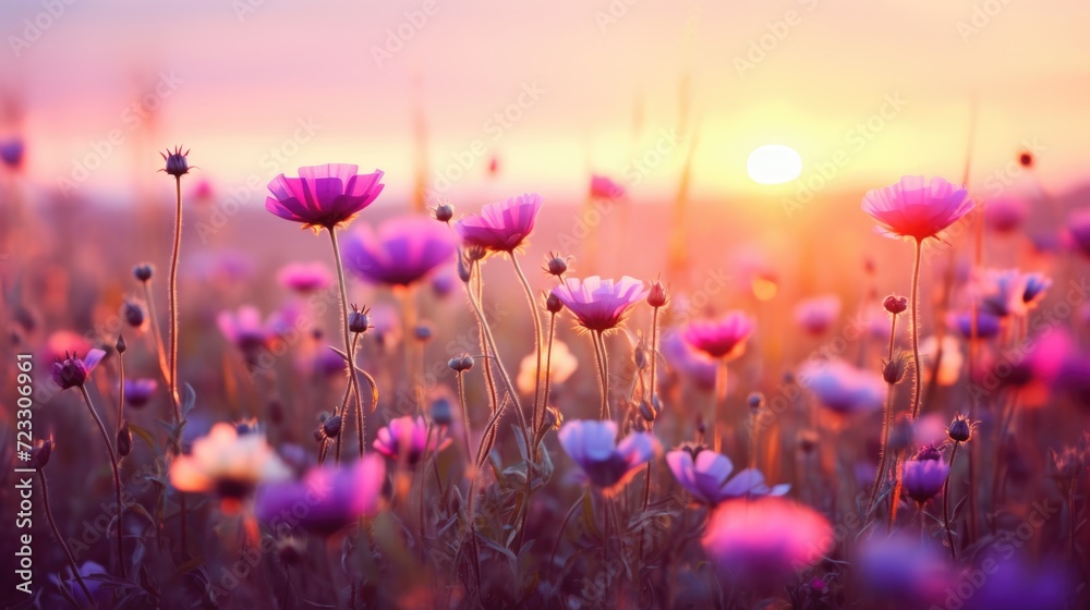 Poster a picturesque scene of a field filled with colorful flowers, with the sun setting in the background.