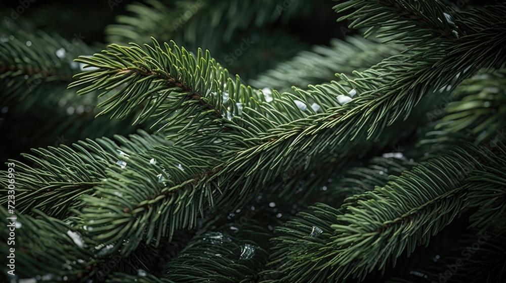 Poster a close-up view of a pine tree covered in snow. this image can be used to depict winter landscapes o