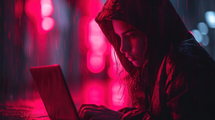  a woman sitting in front of a laptop computer in a dark room with red lights on the walls and floor.