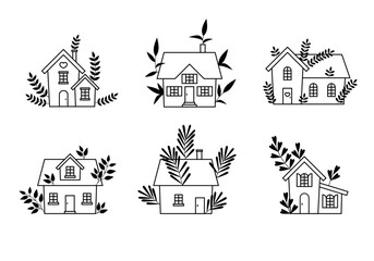 Different little houses. Set, collection of tini houses. Sign, symbol realtors, homes for Sale, Apartments, Houses for Rent. Scandinavian houses
