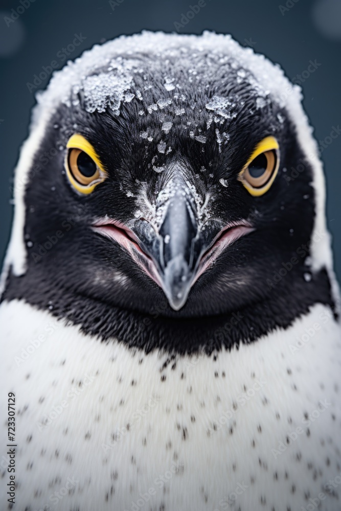 Poster a close-up shot of a bird with snow on its head. this image can be used to depict winter wildlife or
