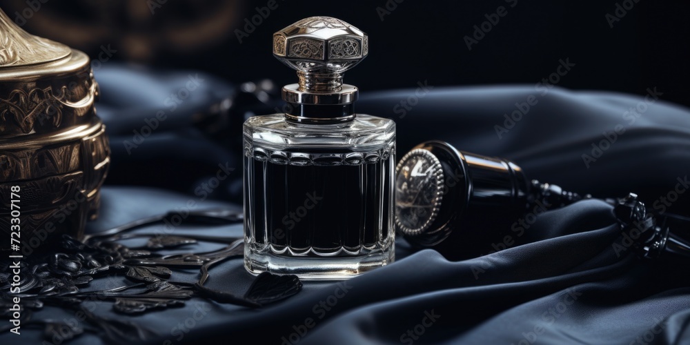 Poster A bottle of perfume placed on a vibrant blue cloth. Versatile image suitable for various uses