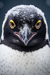 Fototapeta premium A close-up shot of a bird with snow on its head. This image can be used to depict winter wildlife or to convey the beauty of nature in cold weather