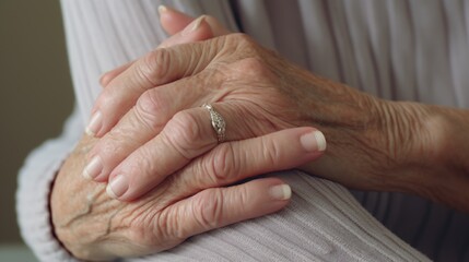 A detailed close-up of a hand wearing a ring. This image can be used to depict love, commitment, marriage, engagement, or jewelry