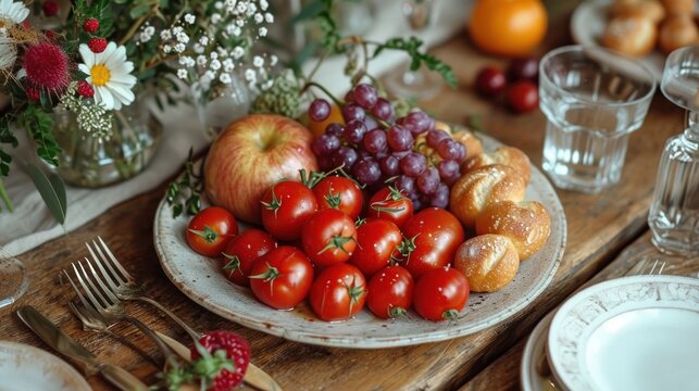 a plate of tomatoes, grapes, apples, and croissants sits on a table with a vase of flowers and a glass of water in the background.