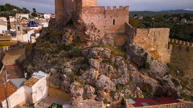 Aerial views of the Banyeres de Mariola castle in the province of Alicante, Spain