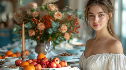  a beautiful young woman standing in front of a table filled with fruit and flowers and a vase of oranges and a candle on top of a white table cloth.