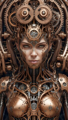A mechanical human body robot made of gears, motors, valves, in a steampunk style
