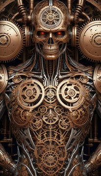 A mechanical human body robot made of gears, motors, valves, in a steampunk style
