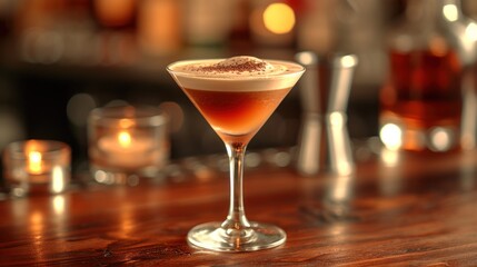  a close up of a drink in a glass on a table with candles in the background and a blurry image of a bar in the back ground behind it.