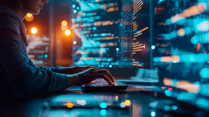 Double exposure of a person working at a computer and digital code. Illustration of programmers writing program code. internet technologies. Generative AI