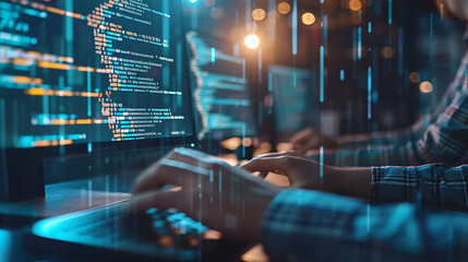 Double exposure of a person working at a computer and digital code. Illustration of programmers writing program code. internet technologies. Generative AI