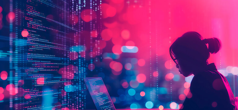 Double exposure of a person working at a computer and digital code. Illustration of programmers writing program code. internet technologies. Generative AI