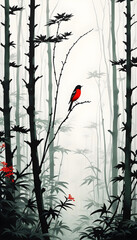 A Japanese watercolor drawing showing a bird in the bamboo groves