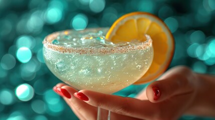 a close up of a person holding a drink with a slice of lemon on the rim of the glass in front of a blurry background of blue boke.