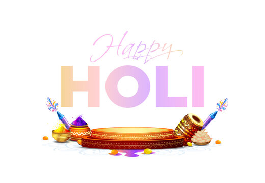 Holi podium stage design for product display and advertising and promotion background. Indian traditional Holi festival poster banner greeting card design.