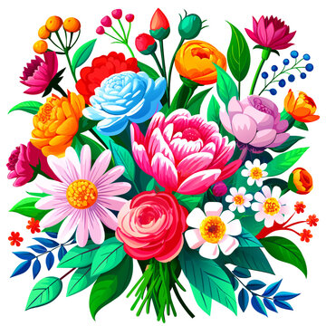 Flat floral bouquet with springflowers isolated on white background. Different flowers asters, 
peonies, daisy and roses vector