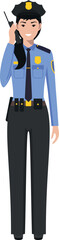 Standing American Policewoman Officer with Walkie-Talkie in Traditional Uniform Character Icon in Flat Style. Vector Illustration.