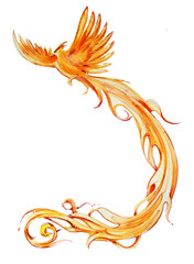 Phoenix watercolor painting. Magical creature watercolor artwork. Phoenix illustration. Wizard's world concept. Fantasy themed clipart isolated on a white background.