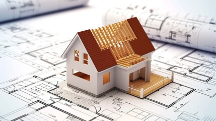 Model house and plan on blueprint